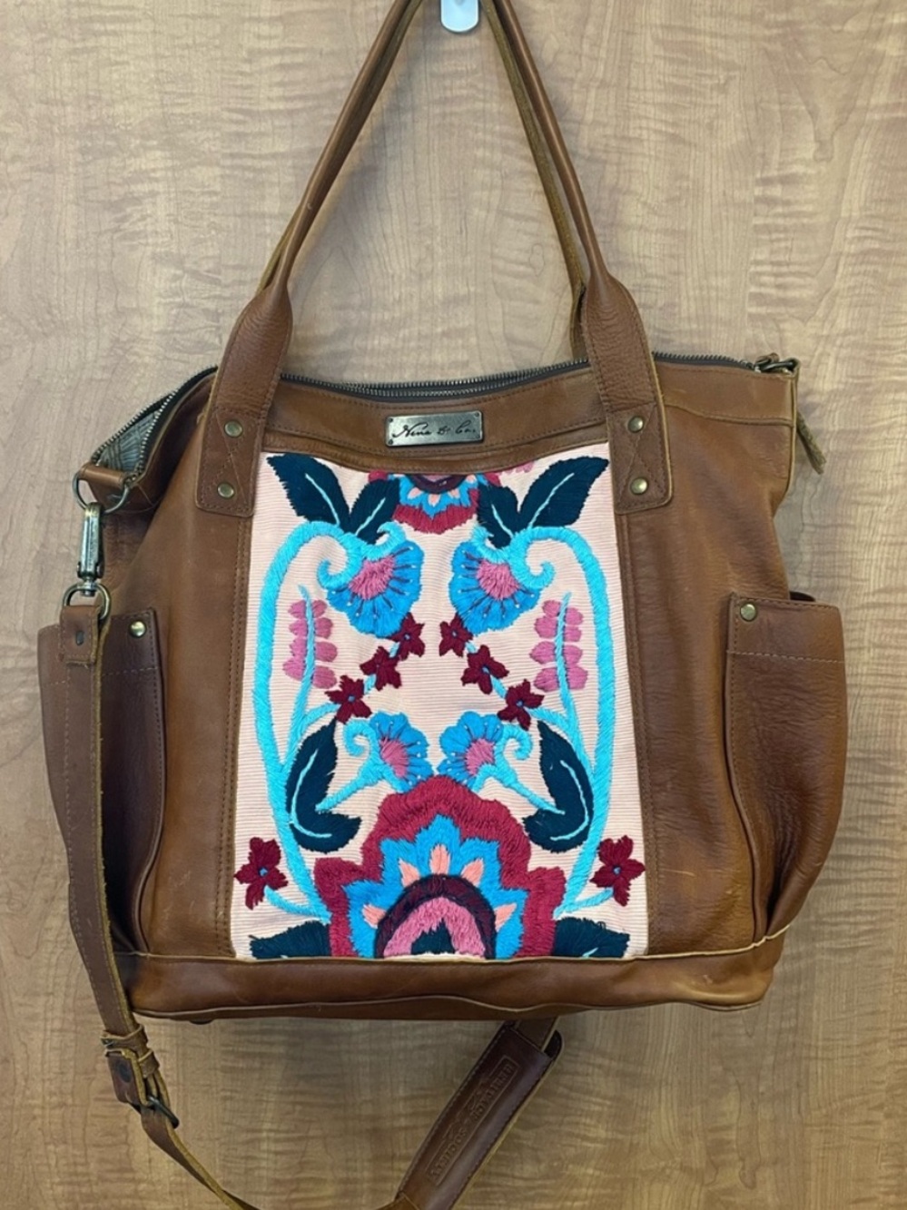 Embroidered Brown Leather Tote with Multicolor Floral Panel